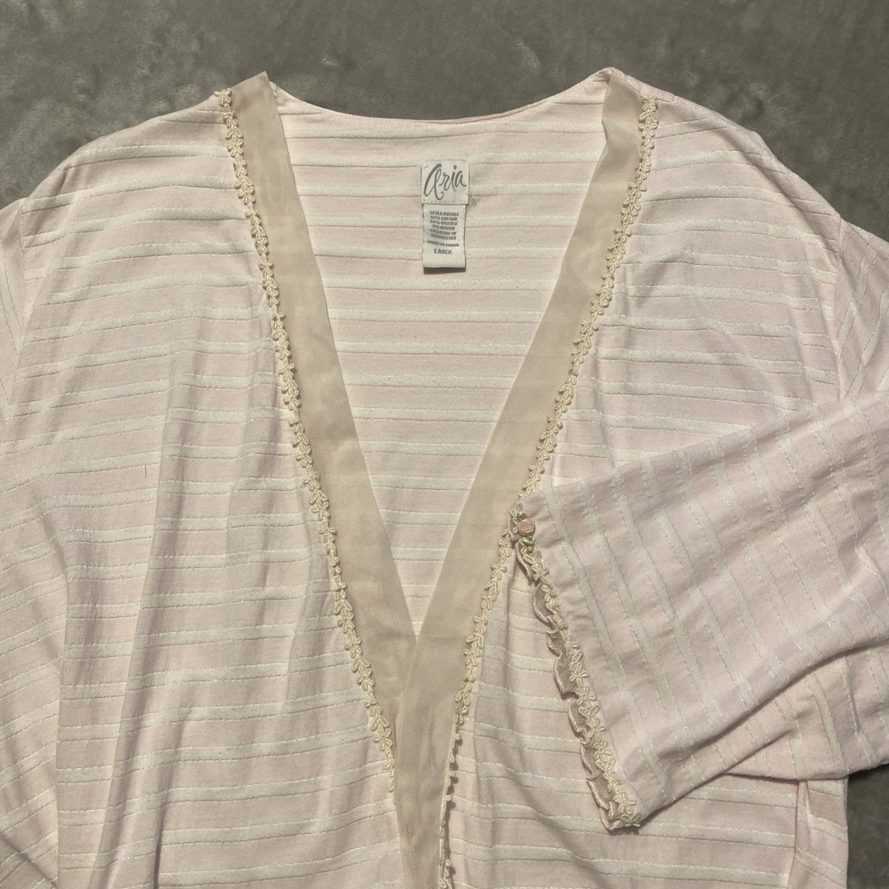 Aria Robe Women Sz L Pink Stripes Floral Sheer Trim Attached Belt Feminine VTG